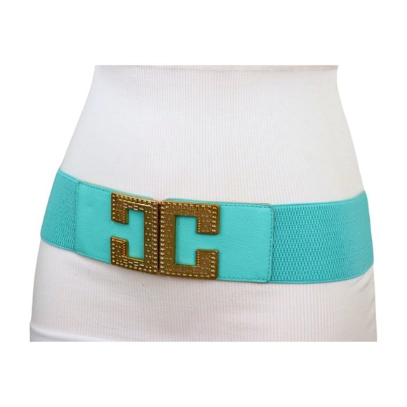 NEW Women Mint Green Shade Elastic Wide Belt Metal C Buckle Adjustable Size S M - Picture 14 of 17